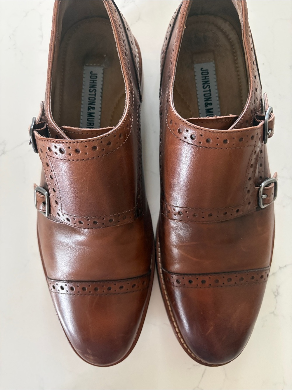 Johnston & Murphy Men's Double Monk Strap Brogue Leather Shoes — Brown